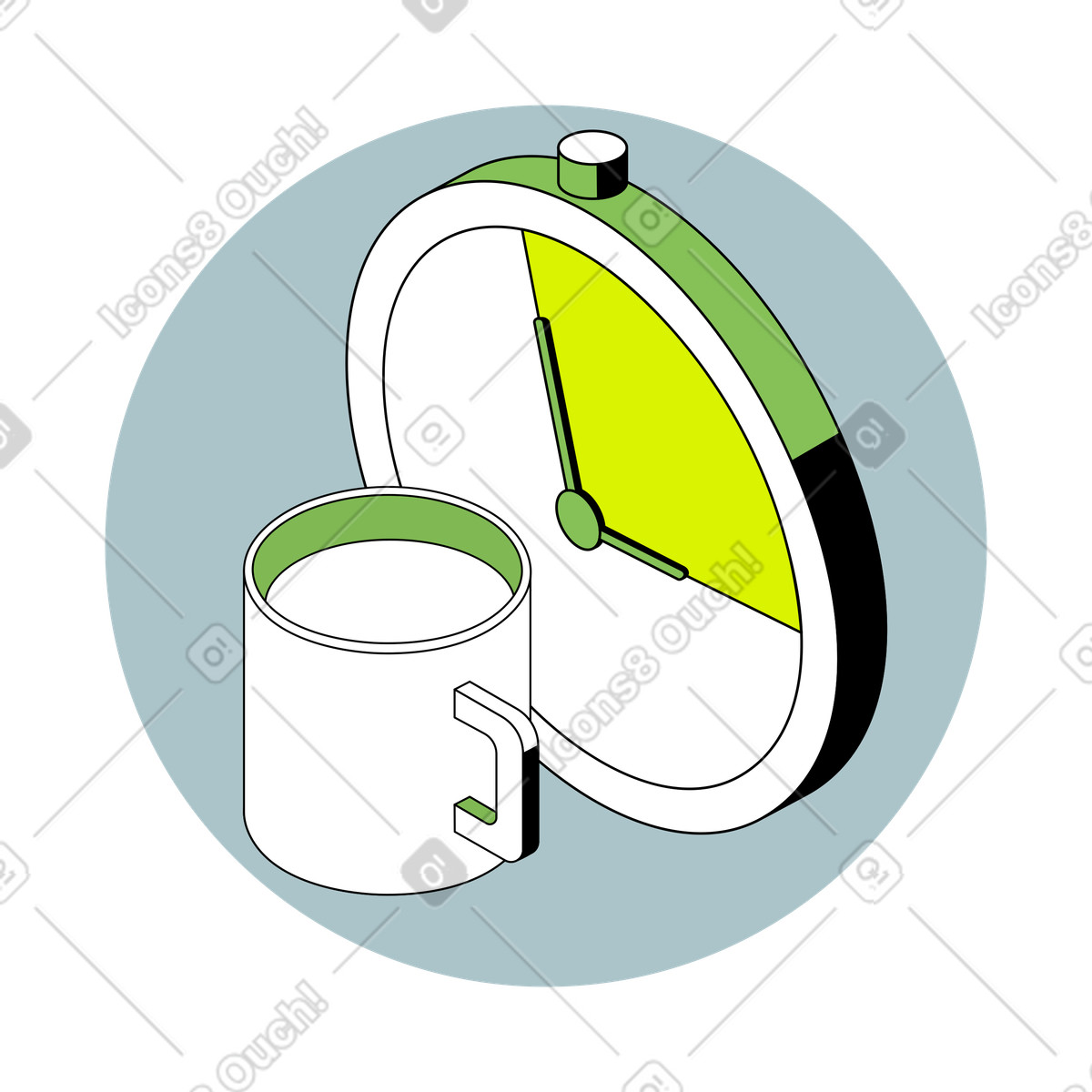 Uhr mit becher als wartesymbole-Illustration im Isometric-Stil Download in PNG, SVG