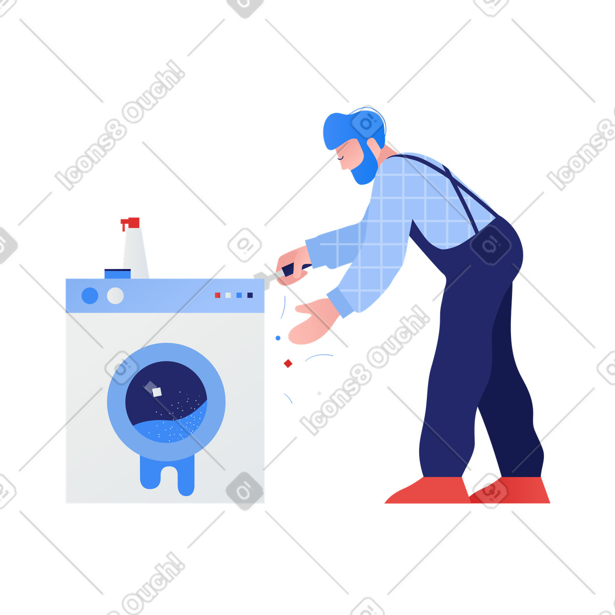 Illustration Travailleur réparant une machine à laver cassée dans le style Clip télécharger aux formats PNG, SVG