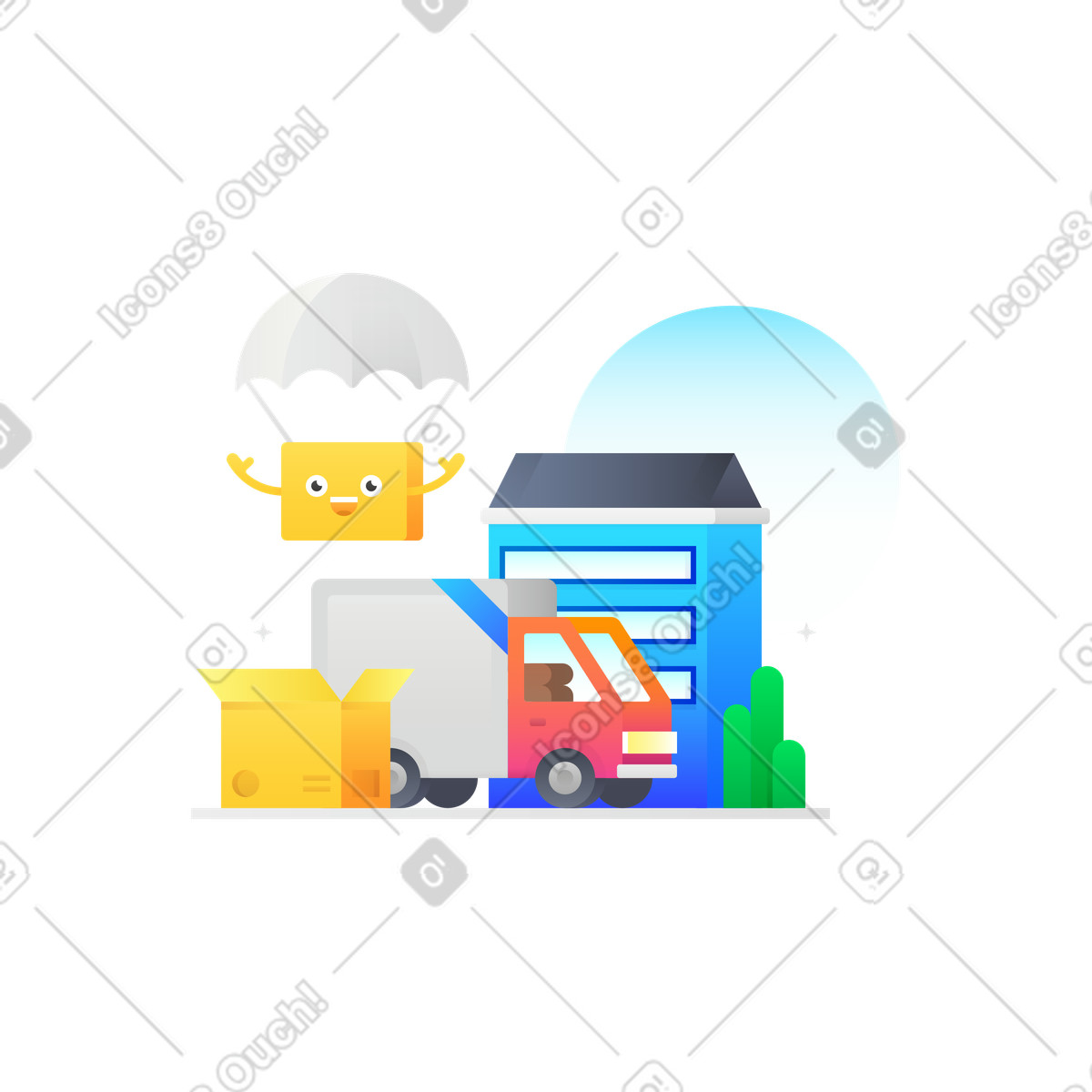 下载 Hugo 风格的 有运输箱的送货卡车 插画，支持 PNG、SVG 格式