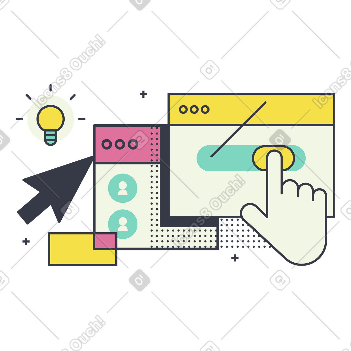 Website pages, cursor, bulb and hand illustration in PNG, SVG