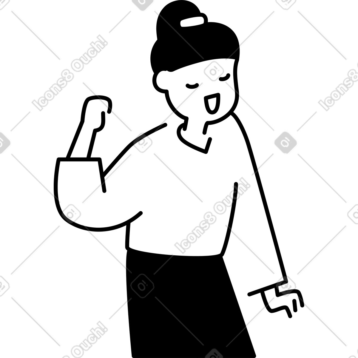 Illustration Character raising fist expressing yes gesture and happy emotion dans le style Notion Line Art à télécharger aux formats PNG, SVG