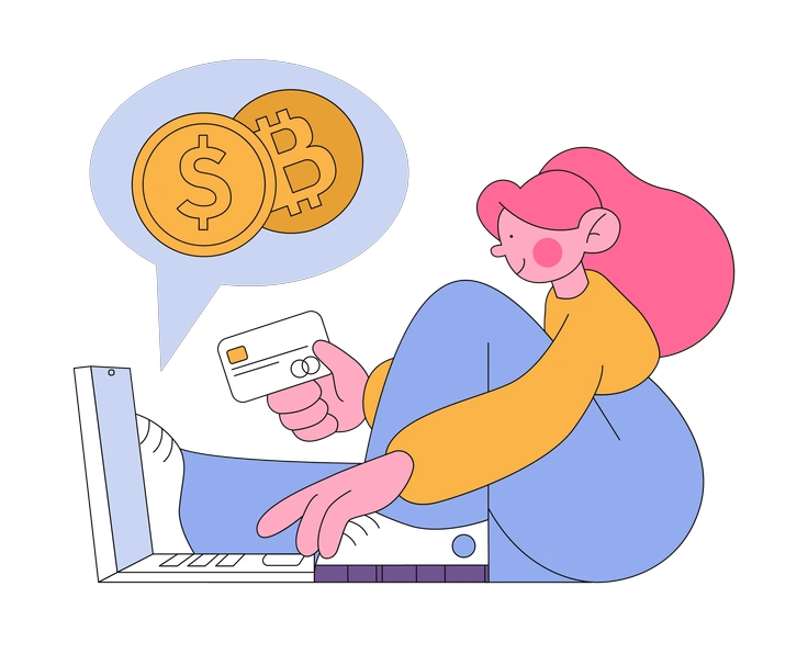 A person holding a credit card near a laptop - Bloom style illustration