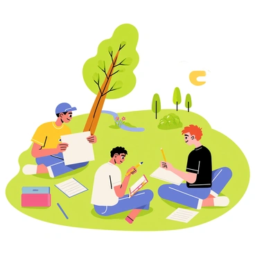 A group of three students sitting on green grass in a park. One student is drawing a tall tree with a wide trunk and lush green leaves. Another student is sketching a small bush with colorful flowers, while the third student is focused on capturing a distant view of a winding path and other trees in the background. They each have art supplies scattered around them, including sketchbooks, pencils, and erasers. The sun is shining down, casting soft shadows on the ground.