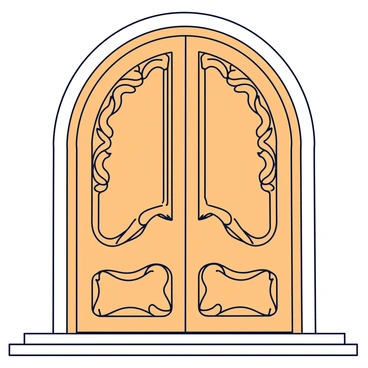 A grand entrance featuring a large wooden door with intricate carvings. The door is adorned with flowing floral patterns and organic shapes typical of Art Nouveau design. Curved lines and elegant details create a sense of harmony. The door is framed by a decorative arch that complements its style. Soft light casts gentle shadows, highlighting the craftsmanship of the decorations.