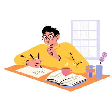A person seated at a wooden desk, wearing glasses and a thoughtful expression, is looking down at a blank piece of paper. The person has a black pen poised above the paper, ready to write. A small vase with a single flower rests on the desk, next to an open notebook filled with notes. Soft light streams in through a nearby window, casting gentle shadows across the desk. A steaming cup of tea sits beside the notebook, adding warmth to the scene.