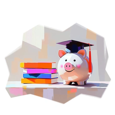A piggy bank wearing a black graduation cap is positioned next to a neatly arranged stack of colorful books. The piggy bank has a glossy finish and features a cheerful expression, emphasizing its playful character. The stack of books includes a variety of titles with bright, vivid covers, showcasing topics like science, history, and literature. The scene is set on a wooden table, adding warmth and texture to the composition.