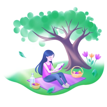 A young girl sitting on a picnic blanket under a large oak tree. She is absorbed in reading a book, with her long hair cascading over her shoulders. The sunlight filters through the leaves of the tree, creating dappled patterns on the ground around her. Nearby, a small basket with a few apples and a glass bottle of water sits beside her. The park is filled with vibrant green grass and colorful flowers blooming in the background. A gentle breeze rustles the leaves, adding a sense of tranquility to the scene.