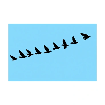 A flock of birds in various sizes is flying in a V formation across a clear sky. Each bird is depicted with simple shapes and clean lines, showcasing their wings extended in flight. The background features a bright blue sky with minimal detail, providing a contrast to the silhouettes of the birds. The scene is composed on a 9x12 illustration board, emphasizing the open space around the flock.