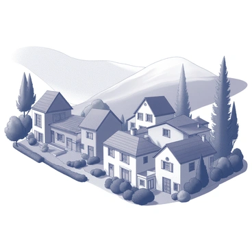 A quaint village nestled in a valley. The village features a collection of houses with distinct architectural styles, each house adorned with unique details, like ornate window frames and tiled roofs. The structures are arranged in a slightly uneven manner, enhancing the charm of the scene. Surrounding the village, there is lush greenery, with trees, bushes, and meandering paths that invite exploration. The landscape forms gentle slopes leading up to the edges of the valley, creating a sense of enclosure and warmth.