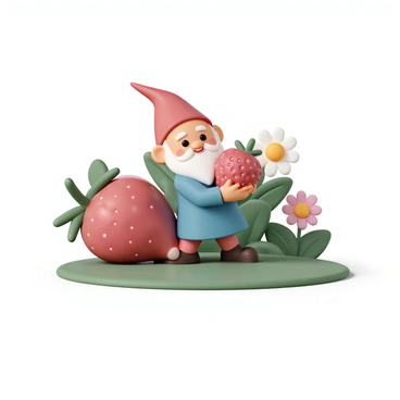 A small, mischievous garden gnome, wearing a red pointed hat and a blue tunic, is sneaking away with a large, ripe strawberry in his hands. The gnome has a cheeky smile on his face, with a white beard and rosy cheeks. He is tiptoeing on the grass, looking over his shoulder as if to make sure no one is watching him. The large strawberry is vivid red, glistening with freshness, while the background features green foliage and colorful flowers, enhancing the playful atmosphere of the scene.