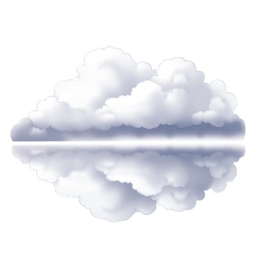 A calm lake with a smooth surface reflecting fluffy clouds in the sky above. The clouds have a soft, billowy appearance. The scene is framed by mist rising gently from the water, indicating a recent rain. The overall ambiance is tranquil, with the mist creating a subtle layer that adds depth to the reflection in the lake.