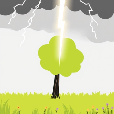 A bright white lightning bolt striking straight down towards a tall, solitary tree in the center of a vast open field. The tree has a thick trunk and green leaves, contrasting against the dark, stormy gray clouds in the sky. The field is covered in tall grass that sways gently in the wind, with some patches of wildflowers in shades of yellow and purple. A flicker of light illuminates the surrounding area as the lightning bolt makes contact with the tree.