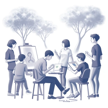 A student is seated at an easel, focused intently on sketching a live model. The model is posed on a raised platform, displaying a relaxed yet dynamic posture. Surrounding the student, several other classmates are also engaged in their own drawing activities. In the background, there are trees with dense foliage, providing a natural canopy above the class. The scene includes various drawing tools scattered around the student, such as pencils and sketchbooks. The atmosphere is lively, with students exchanging ideas and observations while capturing the essence of the live model.