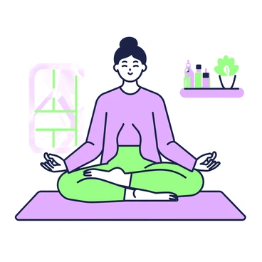 A person is sitting cross-legged on a mat, facing forward with their eyes closed in a meditative pose. Their hands rest gently on their knees, with palms open, embodying a state of calm. The individual is wearing comfortable clothing, designed to enhance relaxation. In the background, there is a softly lit room with a few essential oil bottles and a small plant on a shelf, creating a tranquil environment. A subtle glow surrounds the person, emphasizing their serene demeanor as they focus on their breathing, fostering a positive mindset before the upcoming session.