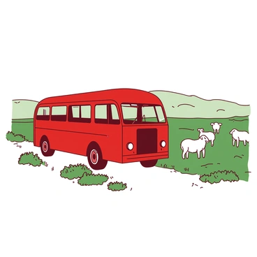 A red British bus is making its way across a misty moor, surrounded by patches of green heather blooming across the landscape. In the background, several fluffy white sheep are grazing peacefully on the soft grass. The moor is shrouded in a gentle fog, adding an air of mystery to the scene. The bus is bright and eye-catching against the muted tones of the moor, with its classic design and windows reflecting the soft light of the overcast sky. The heather stretches out on either side of the bus, creating a vibrant contrast against the serene backdrop of the mist.