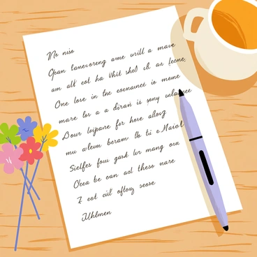 A handwritten letter with elegant, flowing cursive writing, containing words of love and encouragement. The letter is positioned on a rustic wooden desk, with visible wood grain and knots. Soft light casts gentle shadows on the surface of the desk, highlighting the texture of the wood. A small bouquet of colorful wildflowers is placed beside the letter, adding a touch of vibrancy to the scene. A decorative pen lies near the letter, hinting at the act of writing, while a cozy cup of steaming tea is positioned in the background, suggesting a warm, inviting atmosphere.
