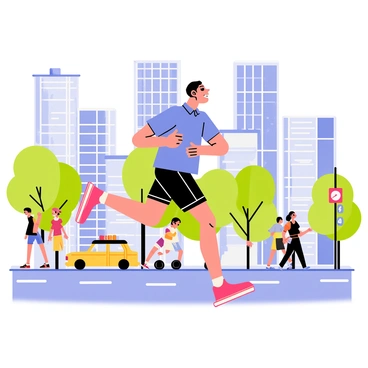 A runner wearing bright red Nike shoes is sprinting through a bustling cityscape. The runner is dressed in a blue athletic shirt and black shorts, with determination etched on their face. Skyscrapers with large glass windows tower in the background, reflecting the sunlight. People are walking along the sidewalks, some looking surprised at the fast-moving runner. Green trees line the streets, and colorful street signs are visible. A few cars are passing by, adding to the lively atmosphere of the city.