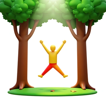 A person performing jumping jacks with arms raised and legs spread apart. The individual is wearing a bright athletic outfit, and is shown in mid-action. Surrounding the person are tall trees with thick trunks and lush green foliage, creating a canopy overhead. Sunlight filters through the leaves, casting dappled shadows on the forest floor. The ground is covered in soft grass and scattered fallen leaves.