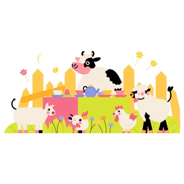 A two-headed calf sitting at a small round table covered with a colorful tablecloth. The table is adorned with a variety of tea cups and a teapot, all in bright colors. Surrounding the table are cheerful farm animals, including a fluffy sheep, a curious pig, and a lively chicken, all engaging in conversation. Delicate flower petals in vibrant colors are scattered around the scene, adding a playful touch to the whimsical tea party atmosphere. The background features a sunny farmyard with a wooden fence and green grass.