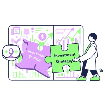 A large puzzle piece is being fitted into a larger puzzle that represents a complex picture. The puzzle showcases various financial elements such as graphs, currency symbols, and arrows indicating growth. The section where the piece is being placed is labeled "Investment Strategy" in clear text. The environment is well-lit, allowing for a clear view of both the puzzle and the puzzle piece. The piece has distinct edges that align perfectly with the surrounding pieces, emphasizing the theme of strategy and completion.