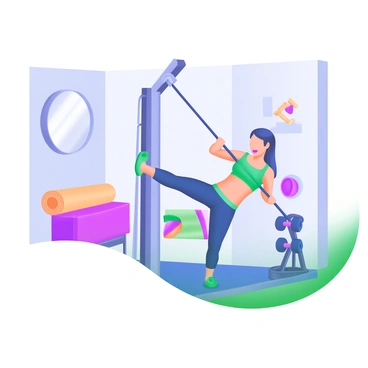 A small home gym space featuring a cable machine. A person is positioned in front of the cable machine, performing a cable kickback exercise. The individual has a focused expression, holding onto the cable with one hand while extending their leg back. The gym has light-colored walls, and a few fitness accessories are visible, including a yoga mat rolled up in the corner and a set of dumbbells on a nearby rack. A floor mirror reflects the workout action, adding depth to the scene. 