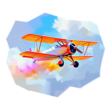 A biplane with a classic design featuring two wings stacked one above the other is soaring high through the clear blue skies. The aircraft is painted in bright colors, adding to its vibrant appearance. Behind the biplane, colorful smoke trails in shades of red, yellow, and blue are streaming out, creating a dynamic display against the backdrop of the blue sky. The sunlight glints off the metal surfaces of the plane, highlighting its details as it gracefully maneuvers through the air.