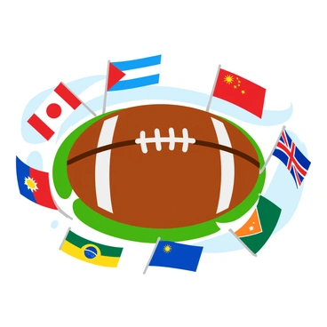 A brown rugby ball with white stitching is centered in the image. Surrounding the rugby ball are multiple international flags, each displayed prominently. The flags include vibrant colors and recognizable symbols, fluttering as if in a gentle breeze. The background consists of an abstract field pattern, suggesting a sports arena, enhancing the tournament theme. Each flag is carefully arranged, creating a dynamic and festive atmosphere representative of a global event.