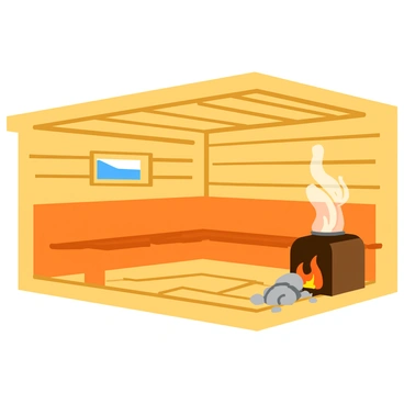 A wooden sauna with warm, honey-colored benches arranged in a rectangular layout. The walls are lined with smooth wooden planks, and the ceiling features exposed beams. Gentle swirls of steam rise and dance through the air, creating an atmosphere of warmth. In one corner, a traditional sauna stove emits soft heat, surrounded by a pile of smooth stones. Natural light filters in through a small window, casting a soft glow on the interior.