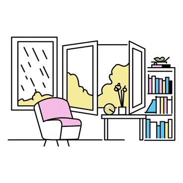A cozy room with open windows. Sunlight streams in, illuminating the soft, neutral-colored walls. A small table is positioned by one window, adorned with a vase of fresh flowers. There is a comfortable armchair in the corner, upholstered in a light fabric. A throw blanket is draped casually over the arm of the chair. A bookshelf filled with a selection of colorful books stands against one wall, while a small potted plant adds a touch of greenery on the table.