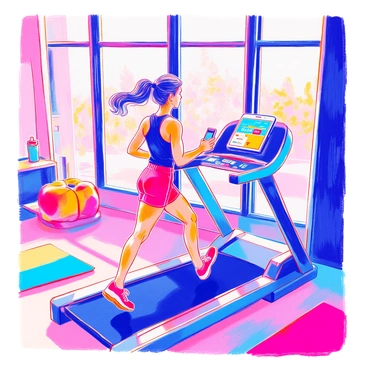 A person is jogging on a treadmill in a well-lit gym. They are wearing a black tank top and red athletic shorts. In one hand, they hold a smartphone displaying a fitness app with bright graphics. The treadmill has a digital screen showing speed and distance. Nearby, there are colorful exercise mats on the floor, and a water bottle sits on a shelf.