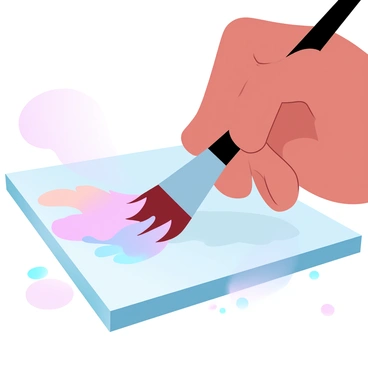 A close-up view of a hand holding a medium-sized paintbrush, poised above a canvas. The brush is laden with vibrant paint, leaving colorful strokes that blend and swirl across the surface. The background features smooth gradients of pastel colors, enhancing the lively feel of the artwork in progress. The texture of the canvas is visible, showing the intricate details of the brushwork as it interacts with the paint.