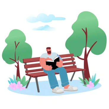 A man dressed in casual clothing is sitting on a wooden bench in a park. He is holding a large book open in his lap, completely absorbed in reading. Surrounding him are tall green trees with lush, leafy branches, casting dappled shadows on the ground. There are patches of colorful wildflowers blooming nearby, adding vibrancy to the scene. The sky above is a soft gradient of pastel colors, suggesting a tranquil time of day.