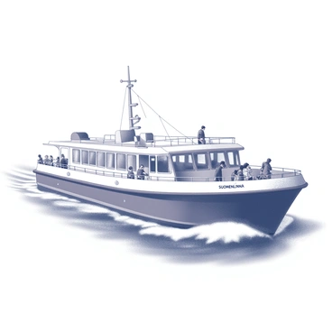 A ferry boat is navigating through the water, heading towards "Suomenlinna." The boat is adorned with intricate details and has a variety of passengers on deck. Some passengers are leaning against the railing, taking in the view, while others are seated, engaged in conversation. The surrounding water is calm, with gentle ripples reflecting the boat's movement. The sky above is clear, complementing the overall scene.