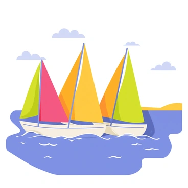 A group of colorful sailboats with bright sails, including shades of red, yellow, and green, are racing across a sparkling blue sea. The boats are angled sharply as they catch the wind, creating white foamy splashes in their wake. The sky above is clear with a few fluffy white clouds scattered throughout. In the distance, a sunny shoreline can be seen, providing a vibrant backdrop to this lively nautical scene.