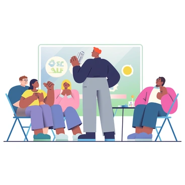 A salesperson with light brown hair is standing in front of a small audience, demonstrating a sleek, silver gadget. The gadget is being held up for everyone to see, and the audience appears engaged and attentive. The venue is indoors, with soft lighting and a simple backdrop featuring a banner with the gadget's logo. Some audience members are seated on folding chairs, while others stand, leaning forward with interest. The salesperson is wearing a dark blue shirt and gray trousers, and their expression shows enthusiasm as they explain the features of the gadget. A small table to the side displays additional gadgets and promotional materials.