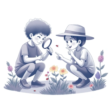 Two children are crouched down in a garden, each holding a magnifying glass. They are intently focused on examining small insects among the lush greenery. One child, with curly hair, has their left eye closed, peering through the glass with enthusiasm, while the other child, wearing a sun hat, is pointing excitedly at a ladybug on a leaf. Colorful flowers are scattered around them, and various insects are visible on the plants. The scene captures the curiosity and wonder of childhood exploration in nature.