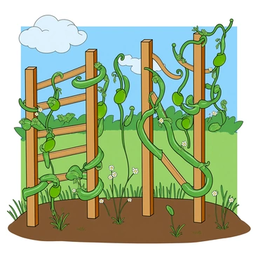 Tall wooden trellises stand upright in a lush garden, each one intricately crafted and painted a warm brown color. Twisting green bean vines wrap around the slats of the trellises, their leaves a vibrant shade of green, glistening under the sunlight. The vines stretch upward, with delicate white flowers beginning to bloom among the greenery. The ground around the trellises is rich with dark soil, and small patches of grass peek through. A bright blue sky serves as a backdrop, dotted with fluffy white clouds.