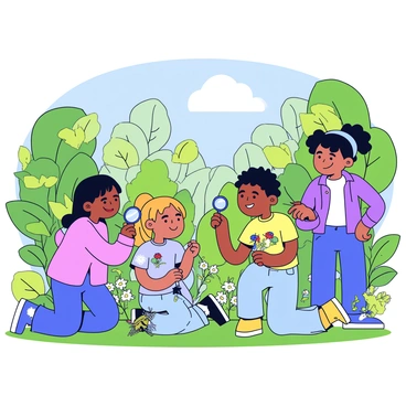 A group of four children is exploring a lush green forest. Two children are kneeling down, examining colorful plants closely with magnifying glasses, while the other two are standing, pointing excitedly at a small insect on a leaf. The children are wearing casual outdoor clothing, and their expressions show curiosity and wonder. Sunlight filters through the trees, creating a dappled light effect on the forest floor.