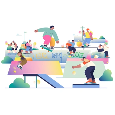 A group of teenagers is performing tricks at a bustling skateboard park. One teenager with short black hair is in mid-air executing a kickflip on a skateboard. Another teenager with long brown hair is grinding on a rail while wearing a bright red helmet. A third teenager is preparing to launch off a ramp, focused and determined. The park is filled with various skaters, some cheering, others waiting for their turn. Colorful graffiti decorates the skate park walls, adding vibrancy to the scene. There are ramps, rails, and obstacles scattered throughout the area, creating an exciting atmosphere.