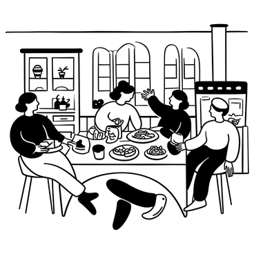 A cozy kitchen filled with various homemade meals and crafts. A table is covered with plates of food, including jars of preserves and freshly baked bread. Family members are gathered around the table, exchanging dishes and handmade items. One person is handing a beautifully knitted scarf to another, while another family member is presenting a colorful dish of pasta. The kitchen features wooden cabinets, a vintage stove, and potted herbs on the windowsill. Light streams in through the window, creating a warm atmosphere.