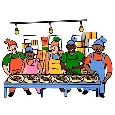 A factory assembly line filled with workers assembling burritos. The workers have light and dark skin tones, wearing colored aprons and hairnets, all smiling as they work. On the conveyor belt, various ingredients like beans, rice, and vegetables are being layered into tortillas. The background features stacks of packaged burritos ready for shipping, and bright overhead lights illuminating the busy scene.