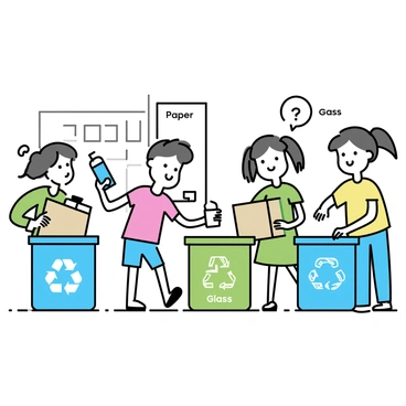 A group of three children in a schoolyard, one boy wearing a red t-shirt and blue shorts, one girl with pigtails dressed in a green dress, and another girl in a yellow shirt and jeans, are sorting various recyclables. The boy is placing a plastic bottle into a blue recycling bin. The girl with pigtails is holding a cardboard box and looking at the girl in a yellow shirt, who is leaning over a green bin, ready to drop in a glass jar. Around them, there are colorful bins labeled "Paper," "Plastic," and "Glass," and the school building can be seen in the background.