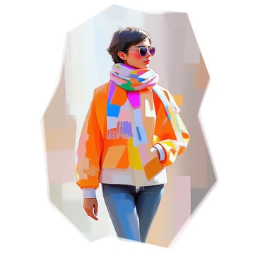 A stylish fashionista with a trendy outfit stands confidently. They have short, wavy hair and are wearing trendy sunglasses. A colorful scarf is elegantly wrapped around their neck, with one end draping over their shoulder. The scarf features a bold pattern that enhances their outfit. The fashionista is posed against a simple background, emphasizing their chic appearance and fashion sense.