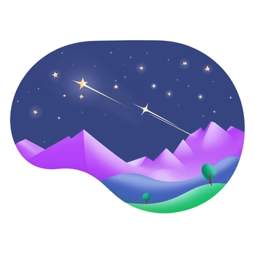 A night sky filled with deep shades of navy blue and soft violet. Numerous stars twinkle brightly, with several shooting stars streaking across the scene, leaving behind shimmering trails. The foreground features a silhouette of distant mountains, enhancing the vastness of the sky. Below, a serene landscape is visible, dotted with gentle hills and a few scattered trees, all illuminated by the soft glow of the starlight.