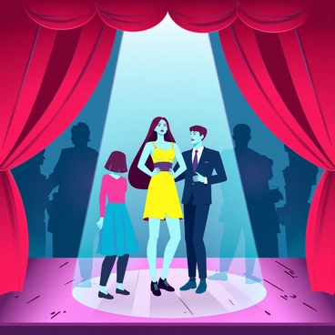 A Broadway stage set with vibrant red velvet curtains partially drawn back. Several actors are positioned on the stage, dressed in colorful costumes, practicing their lines and movements. The main performer, a woman with flowing brunette hair wearing a bright yellow dress, stands in the center, illuminated by a strong spotlight that highlights her features. Other actors, a man in a sharp black suit and a woman in a blue gown, gather around her, engrossed in the rehearsal. The wooden stage floor has visible marks from previous performances, adding to the texture of the scene. Backstage, silhouettes of stage crew members are visible, adjusting lighting and props, creating a lively atmosphere.
