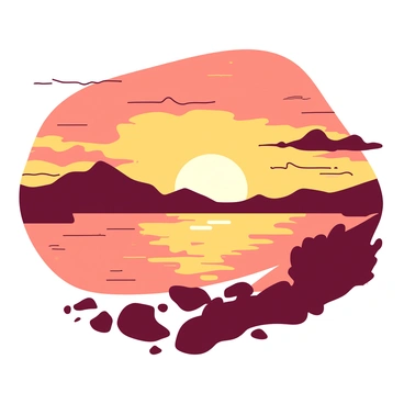 A duotone illustration features a range of deep orange and soft yellow hues filling the sky as the sun sets over a vast lake. The lake reflects the colors of the sunset, shimmering with a golden glow across its surface. Silhouettes of distant mountains can be seen on the horizon, adding depth to the scene. The water's edge is lined with dark rocks, contrasting with the bright colors of the sky and lake. A few wispy clouds catch the light, enhancing the overall effect of the sunset.