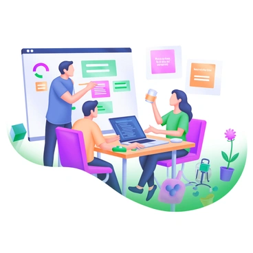 A modern pastel illustration of a vibrant tech workspace where several programmers are engaged in discussions. One programmer is standing next to a large whiteboard filled with colorful diagrams and code snippets, pointing to a specific part. Nearby, two programmers are seated at a table, focused on a laptop displaying lines of code, while another is holding a coffee cup and sharing an idea. The workspace is filled with potted plants, colorful cushions on the chairs, and various tech gadgets scattered around. The walls have motivational posters with quotes about coding and innovation.