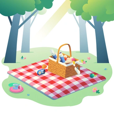 A picnic setup is arranged on a soft green grass carpet under the shade of tall forest trees. A large checkered blanket in red and white is spread out, and on it are various picnic items. A wicker basket lies open, revealing sandwiches wrapped in parchment paper, a bottle of sparkling lemonade, and a selection of fresh fruit including apples and grapes. A couple of colorful plates and glasses are placed on the blanket, along with a small portable speaker. Sunlight filters through the leaves above, creating dappled patterns on the blanket and the surrounding grass. Nearby, small wildflowers bloom, adding splashes of color to the scene.
