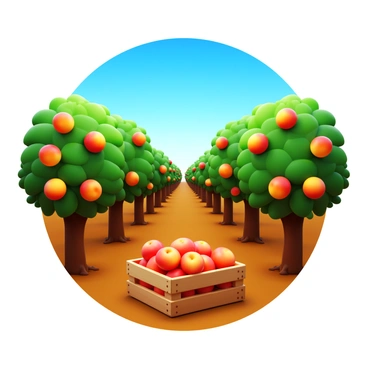 A 3D icon of a lush peach grove featuring numerous peach trees laden with ripe, juicy peaches. The trees have green leaves, creating a vibrant contrast against the orange and yellow hues of the peaches. The ground is covered in a rich layer of brown soil, dotted with fallen peaches. A clear blue sky shines above, adding brightness to the scene. A wooden crate filled with freshly picked peaches sits in the foreground, showcasing the harvest.