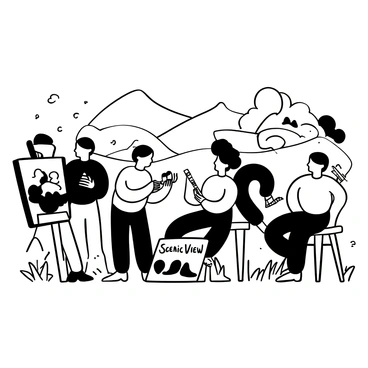Artists using diverse brushes to capture a scenic view in an outdoor setting